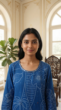 Women Blue Mirror Bandhani Print Silk Kurta And Pant