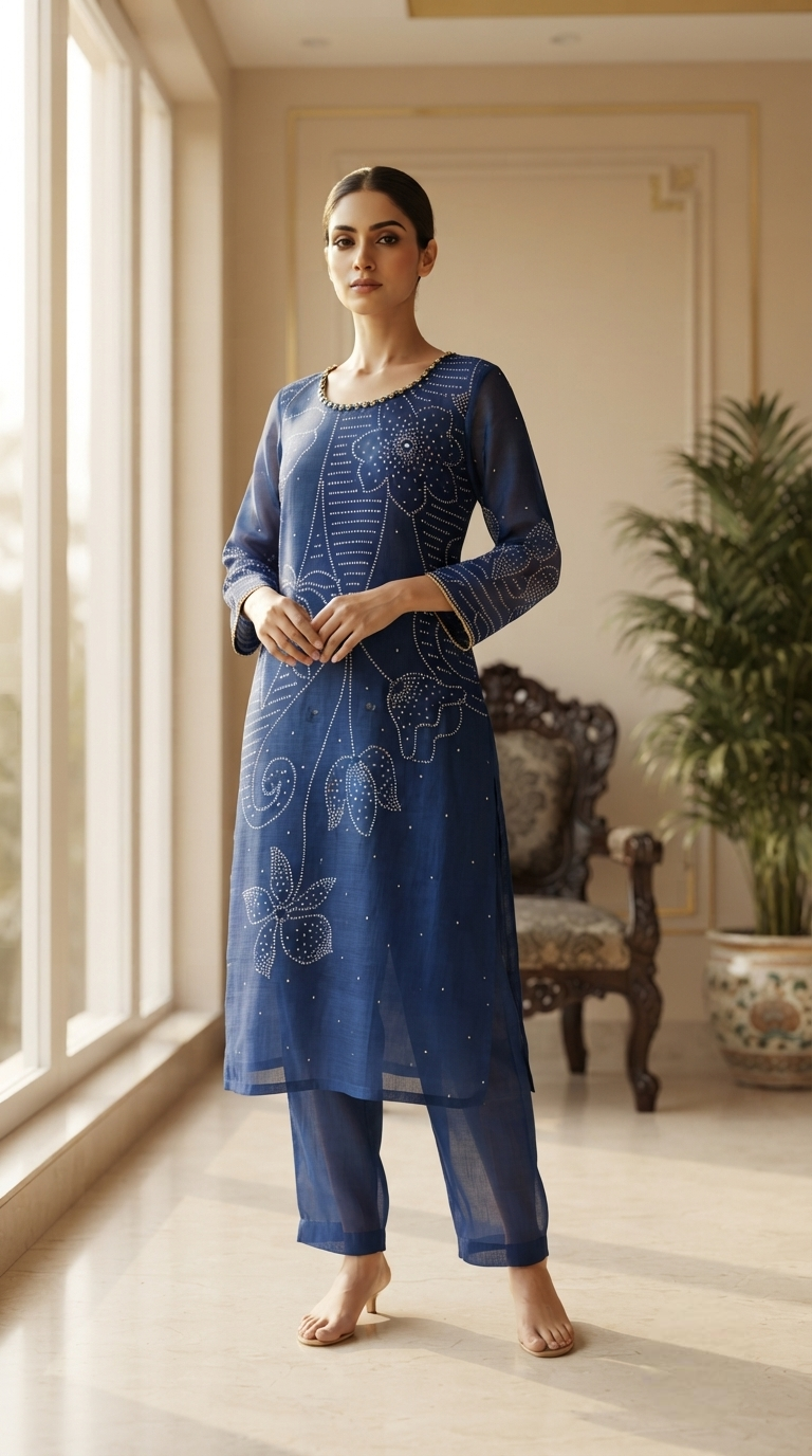 Women Blue Mirror Bandhani Print Silk Kurta And Pant