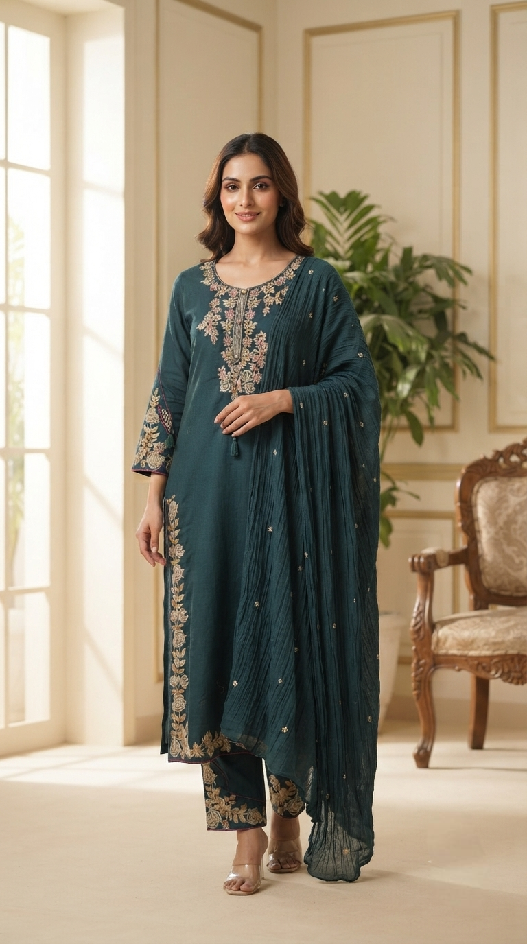 Women Teal Blue Chikankari Cotton Kurta Pant Dupatta