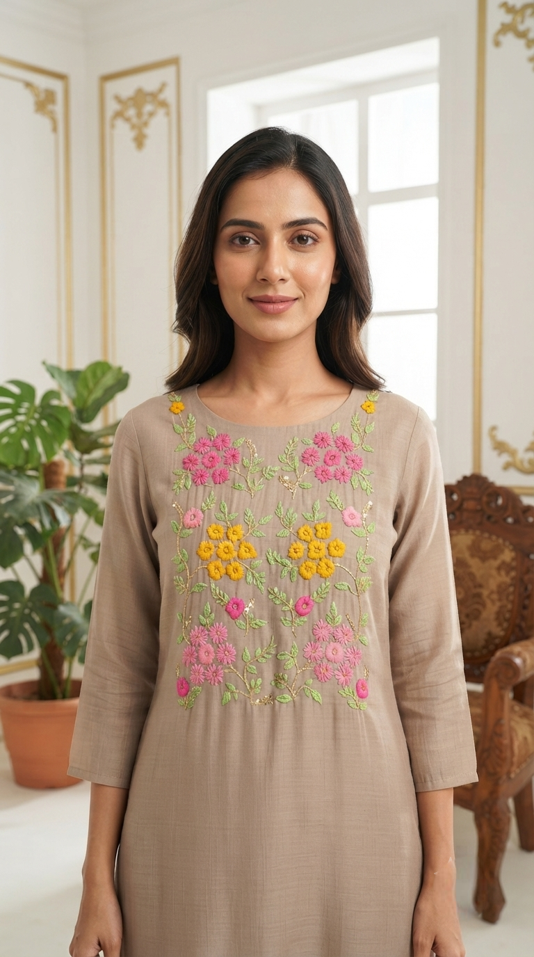 Women Beige Embroidered Mul Chanderi Kurta Pant Dupatta
