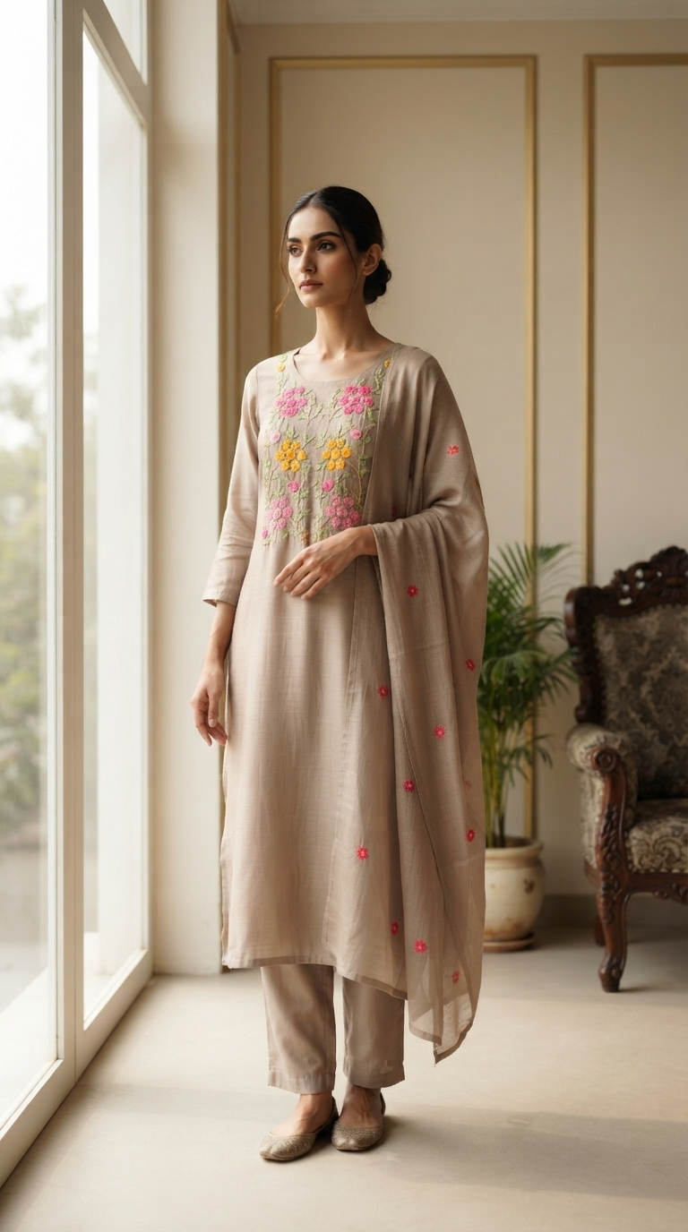Women Beige Embroidered Mul Chanderi Kurta Pant Dupatta