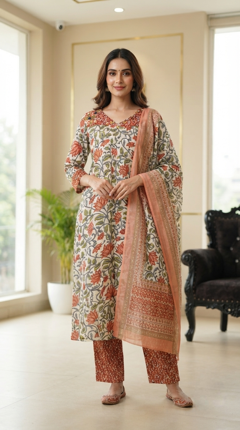 Women Multi Colour Printed Cotton Kurta Pant Dupatta