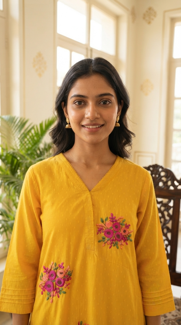 Women Yellow Embroidered Cotton Kurta Pant
