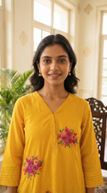 Women Yellow Embroidered Cotton Kurta Pant