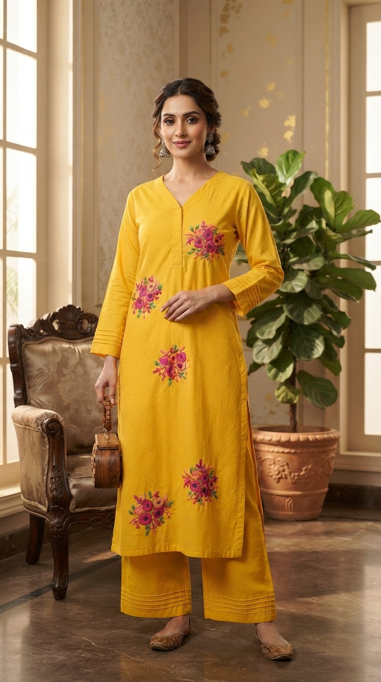 Women Yellow Embroidered Cotton Kurta Pant