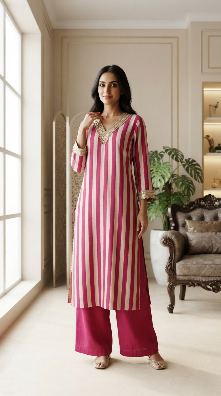 Women Pink Gota Patti Silk Kurta And Pant
