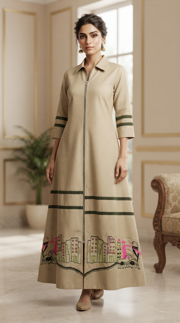 Women Beige Embroidered Cotton Dress
