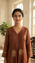 Brown Embroidered Mul Chanderi kurta pant dupatta set for women - image 1