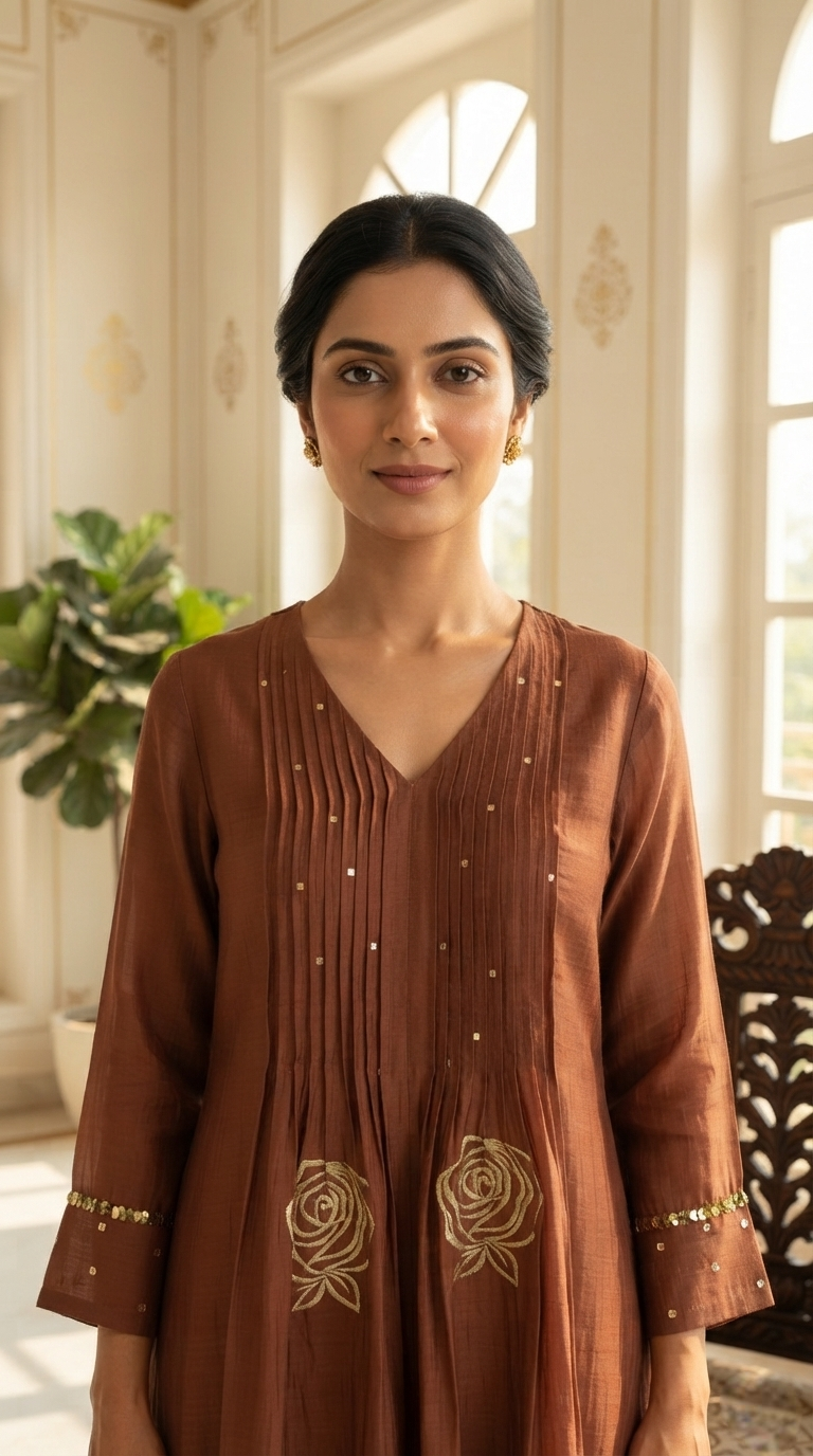 Women Brown Embroidered Mul Chanderi Kurta Pant Dupatta