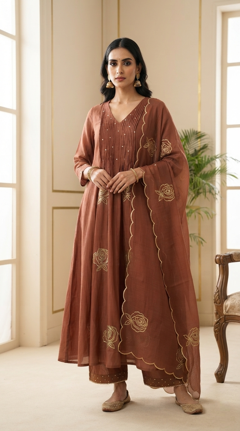 Women Brown Embroidered Mul Chanderi Kurta Pant Dupatta