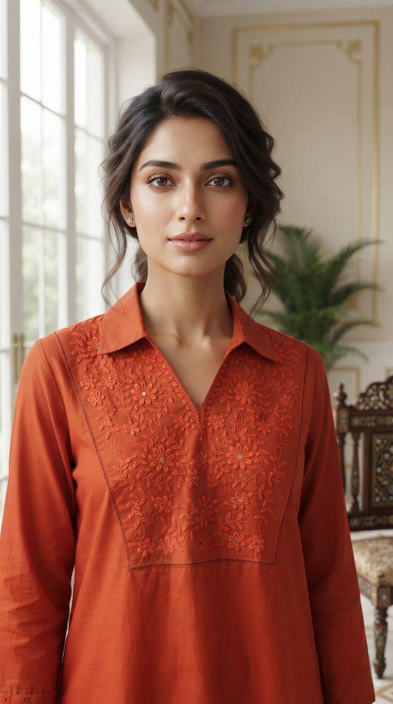 Women Rust Embroidered Cotton Cordset