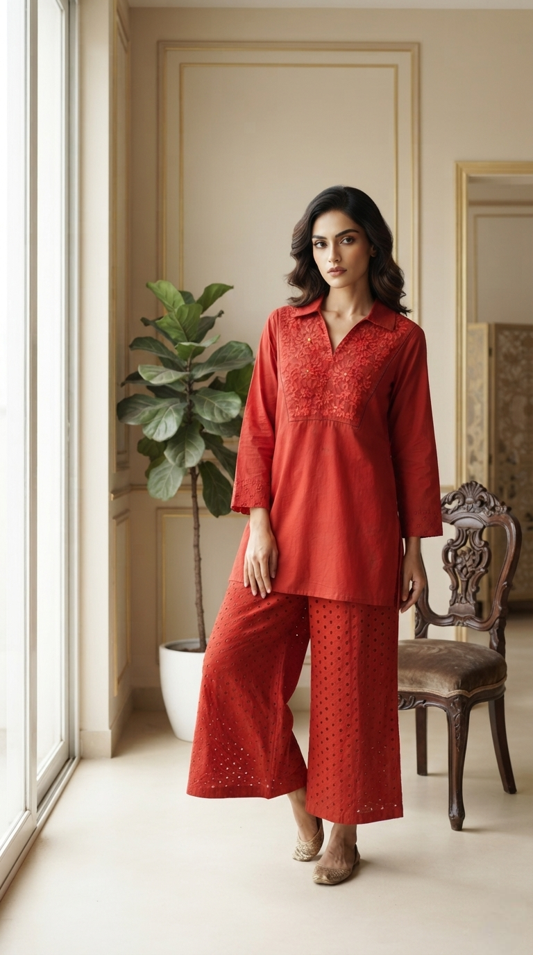 Women Rust Embroidered Cotton Cordset