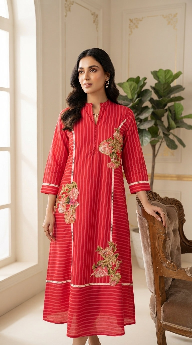 Women Red Embroidered Cotton Dress
