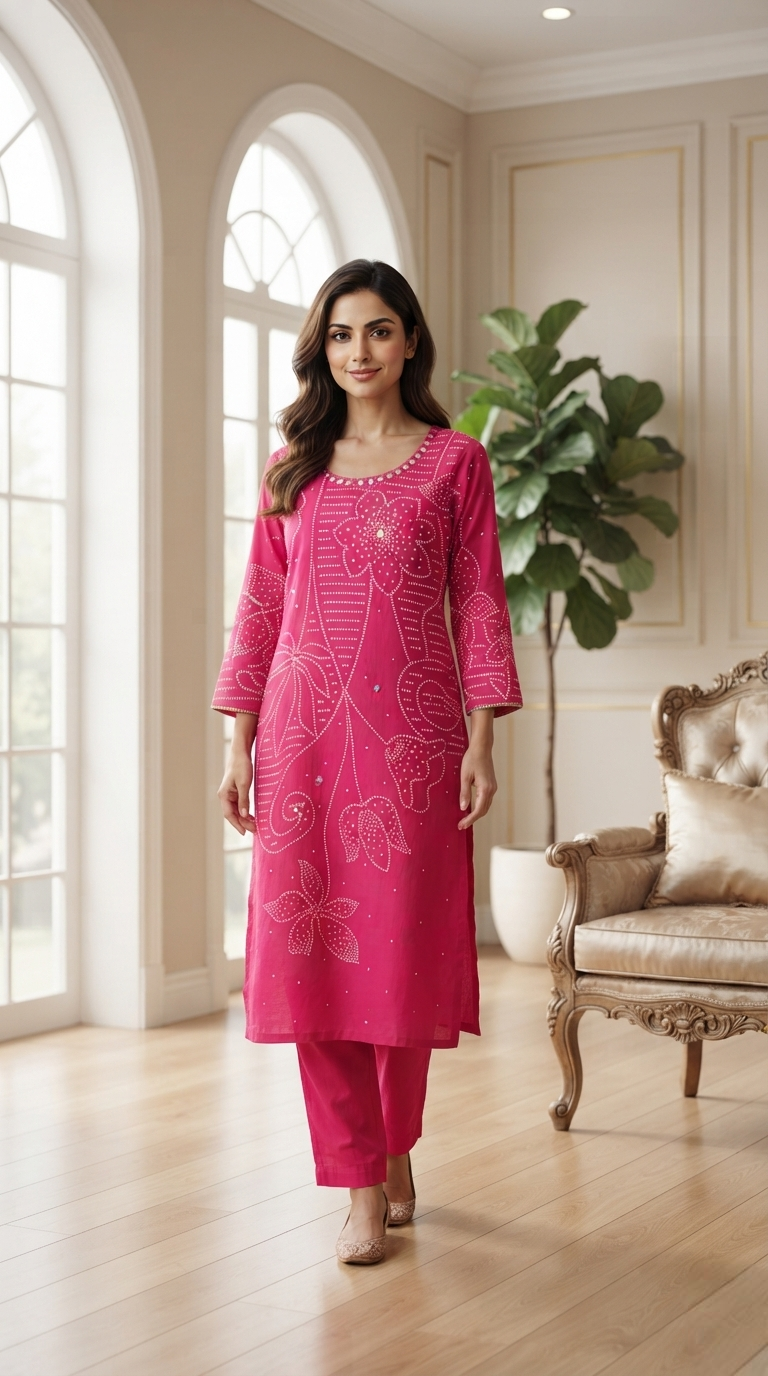 Women Pink Mirror Bandhani Print Silk Kurta And Pant