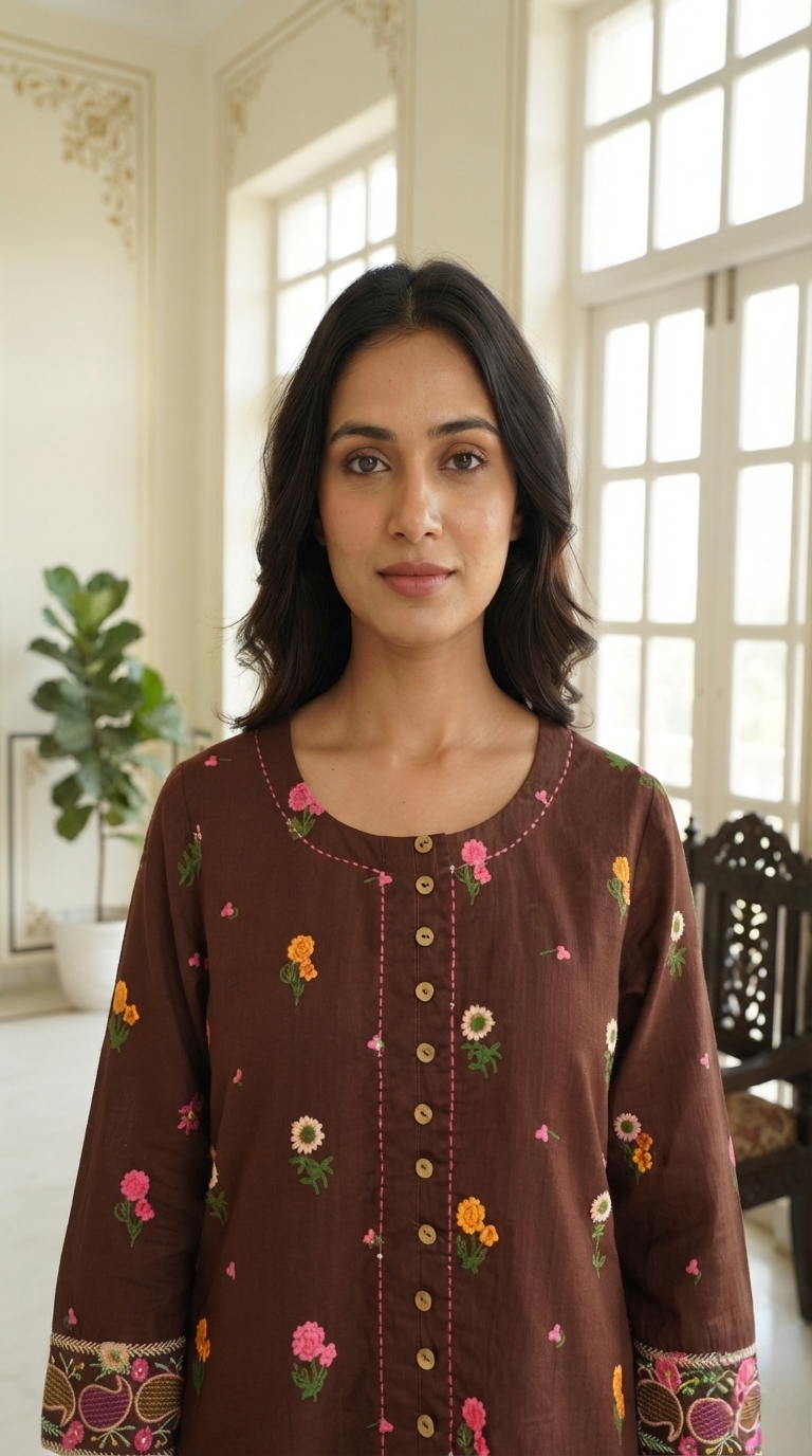 Women Coffee Floral Cotton Kurta Pant Dupatta