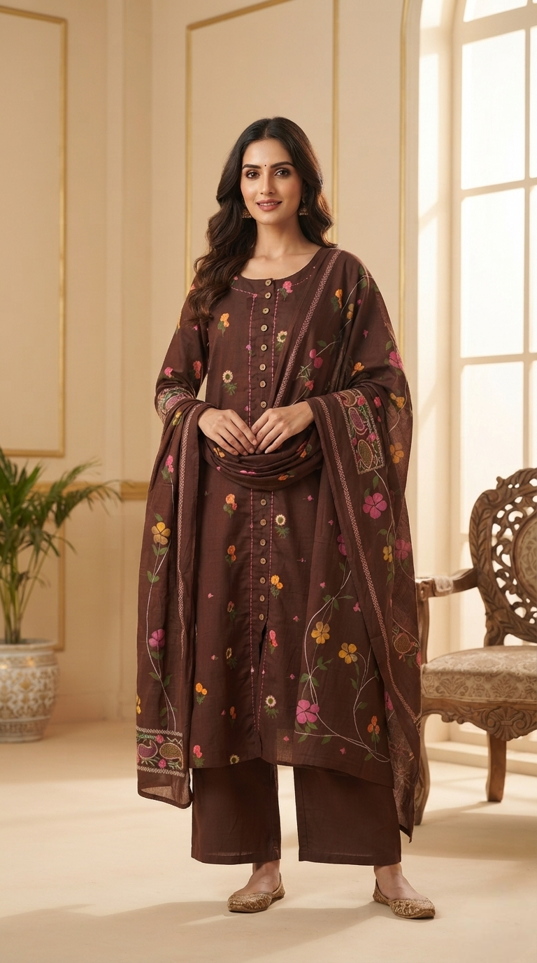 Women Coffee Floral Cotton Kurta Pant Dupatta