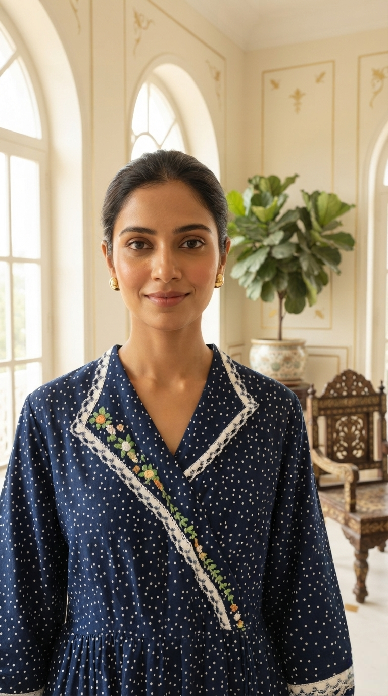 Women Blue Embroidered Cotton Kurta Only