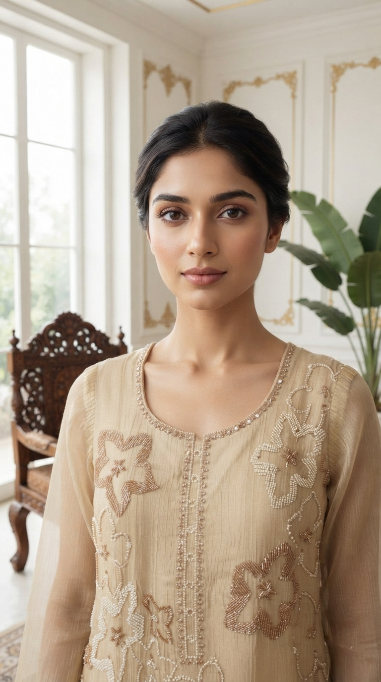 Women Beige Embroidered Tissue Kurta Pant Dupatta