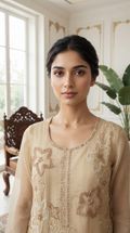 Women Beige Embroidered Tissue Kurta Pant Dupatta