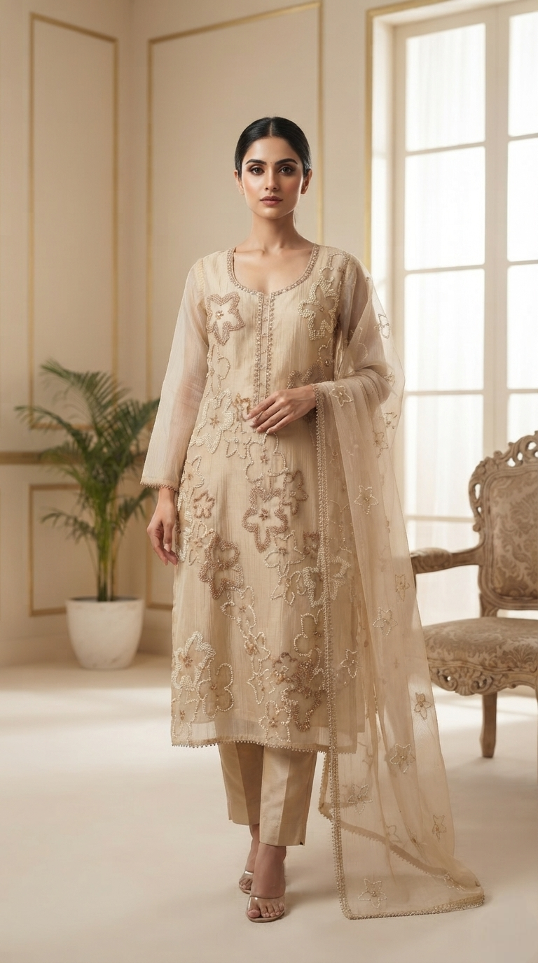 Women Beige Embroidered Tissue Kurta Pant Dupatta