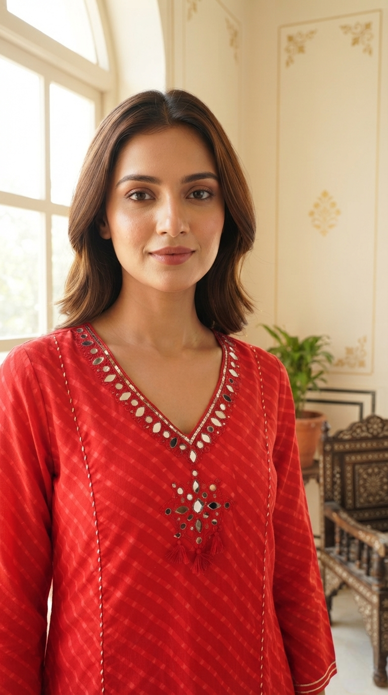 Women Red Mirror Cotton Kurta Pant Dupatta