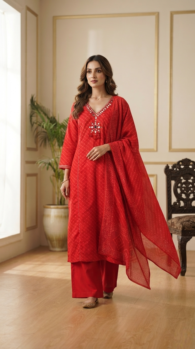 Women Red Mirror Cotton Kurta Pant Dupatta