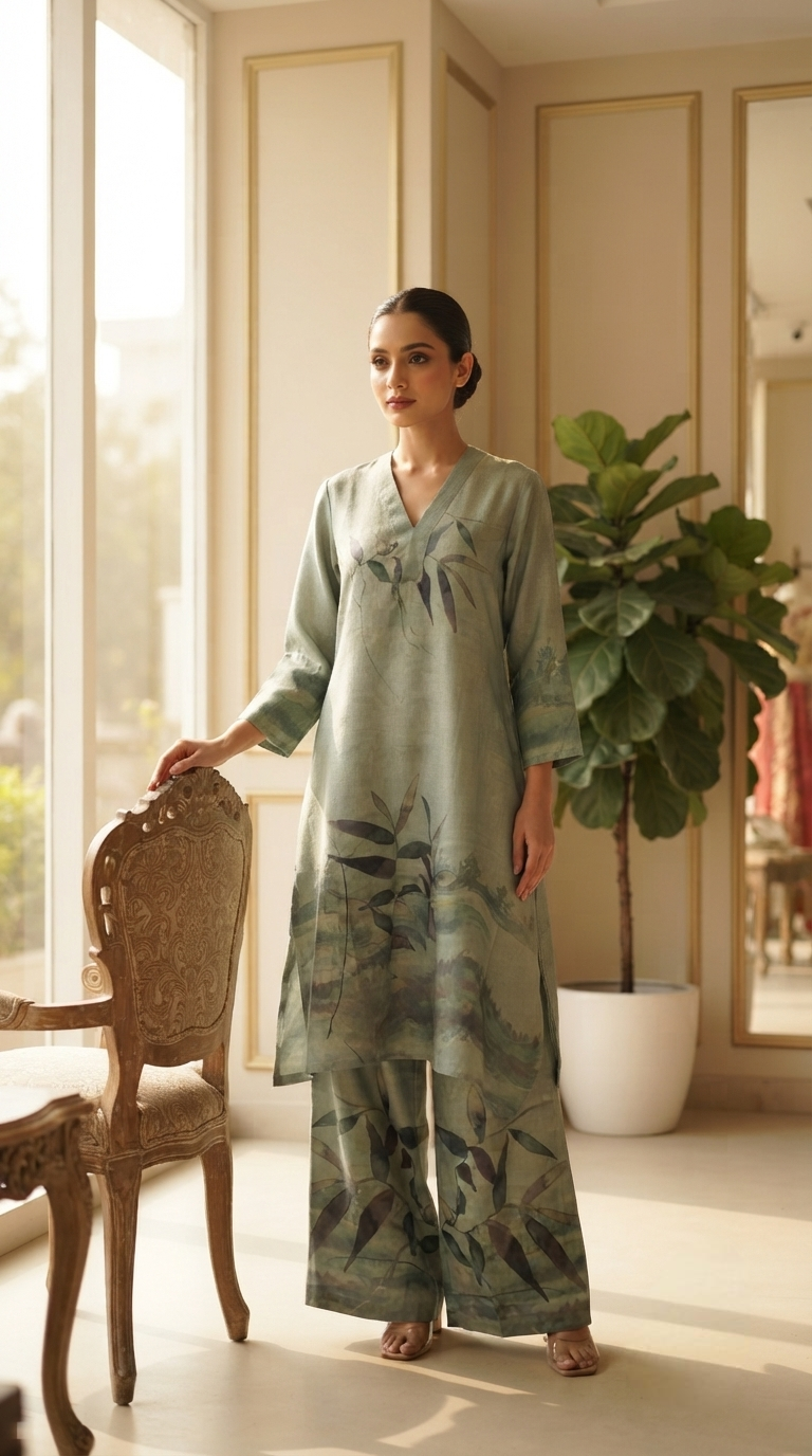 Women Green Printed Cotton Kurta And Pant