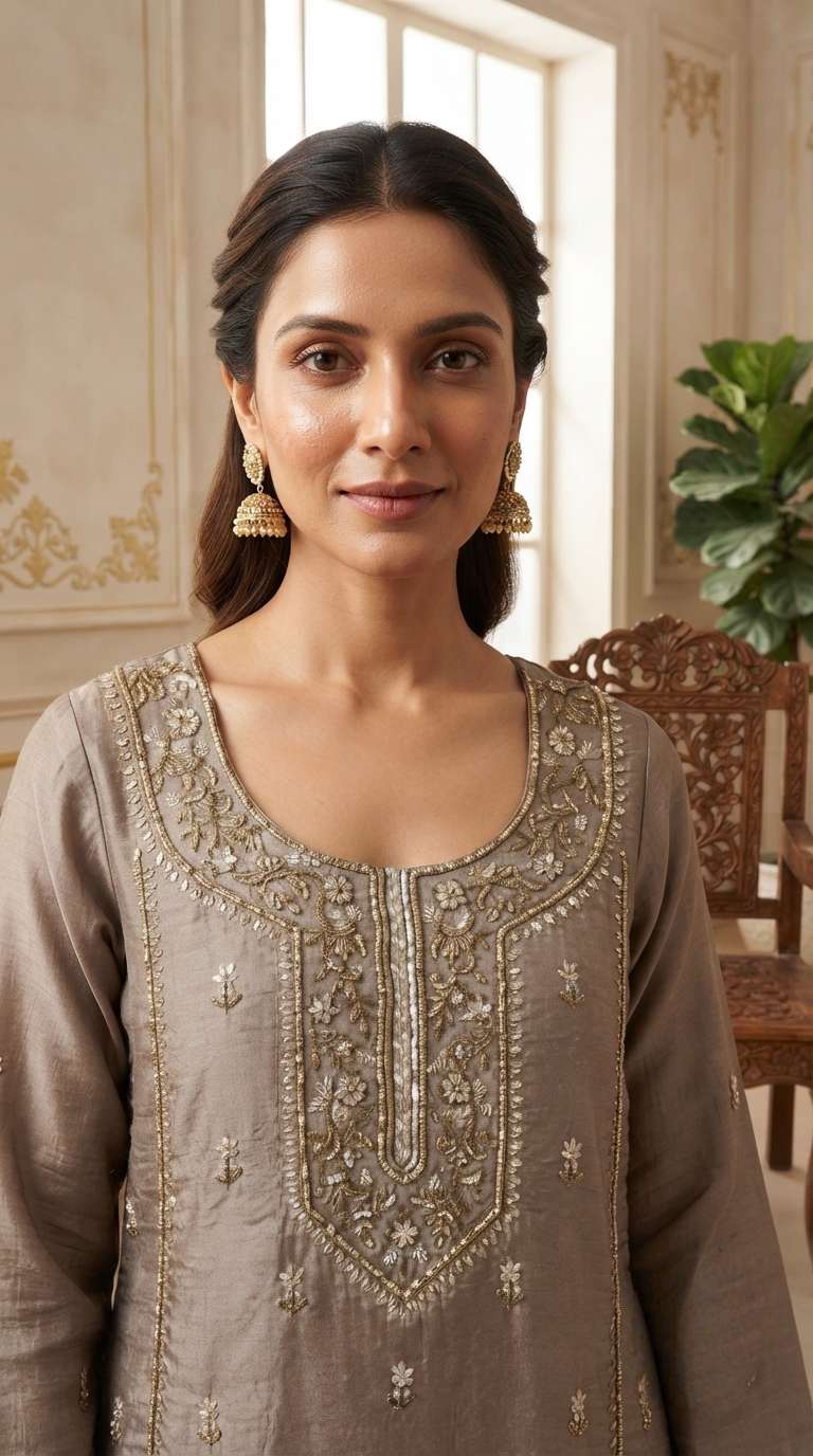 Women Gold Hand Embroidered Tissue Sharara Set