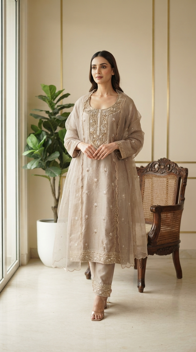 Women Gold Hand Embroidered Tissue Sharara Set