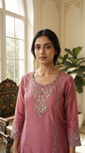 Women Rose Gold Hand Embroidered Tissue Sharara Set