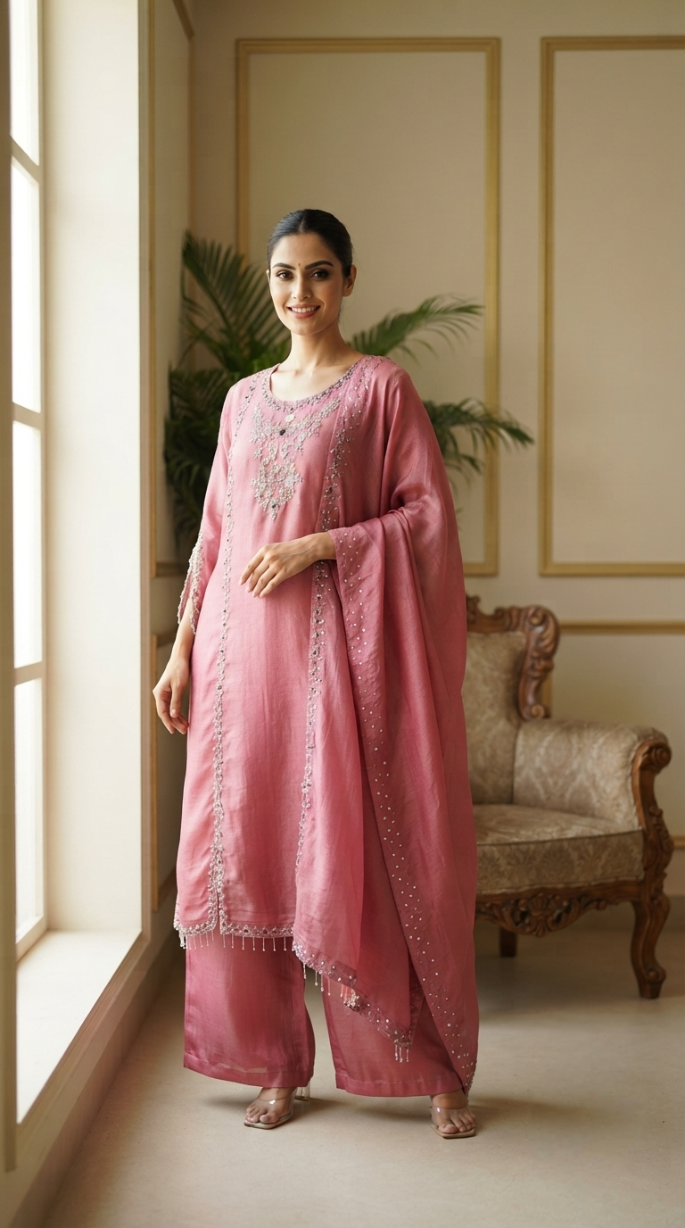 Women Rose Gold Hand Embroidered Tissue Sharara Set