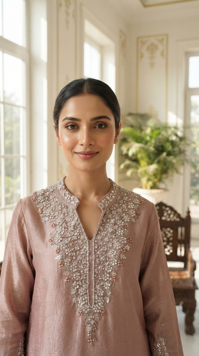 Women Dusty Rose Hand Embroidered Tissue Sharara Set