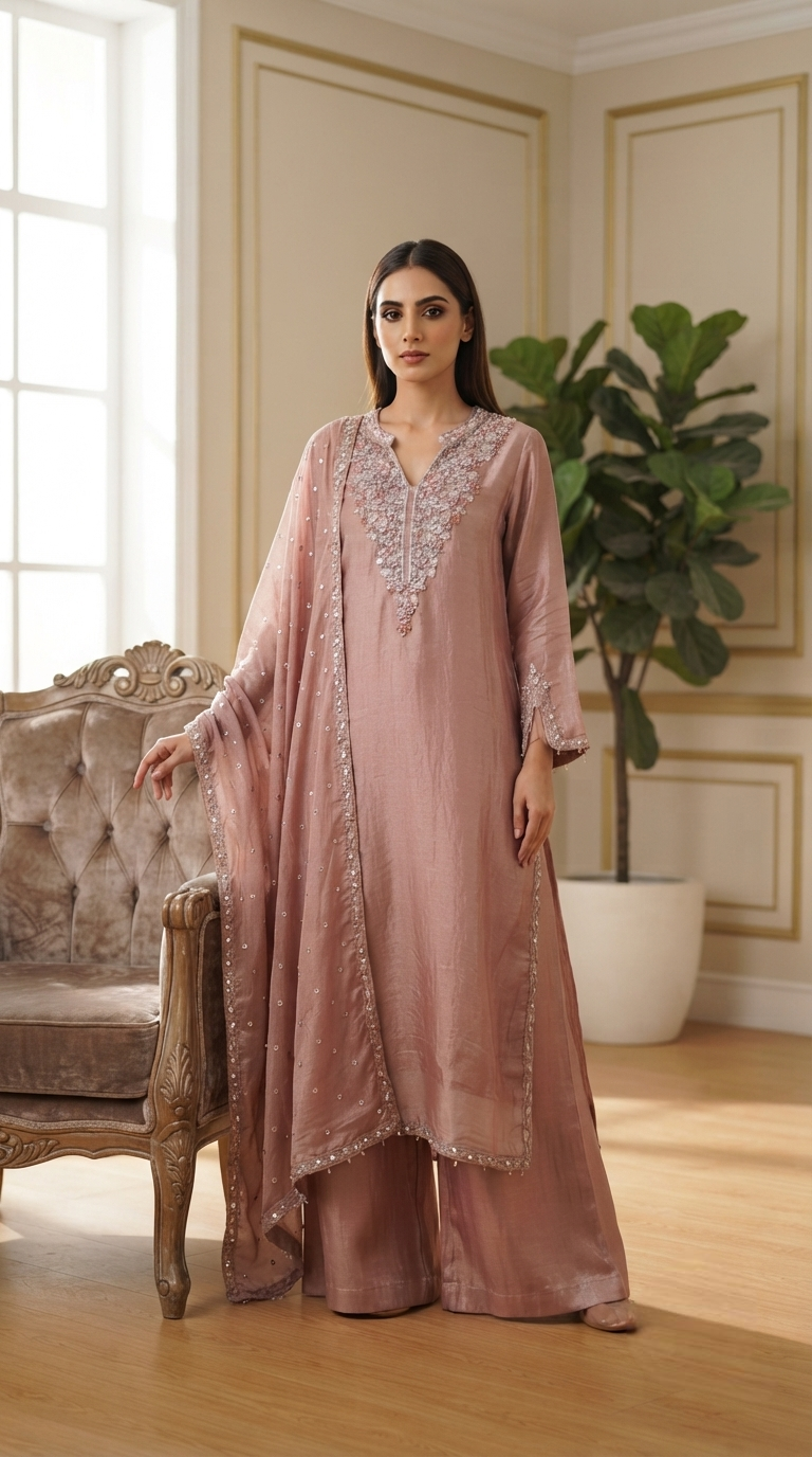 Women Dusty Rose Hand Embroidered Tissue Sharara Set