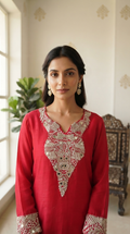 Women Rani Pink Mirror Hand Embroidered Mul Chanderi Sharara Set