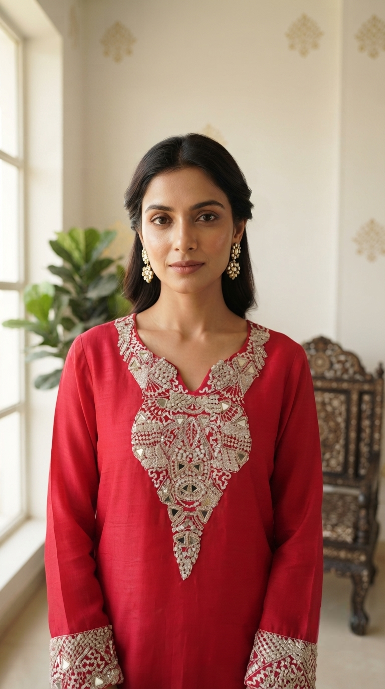Women Rani Pink Mirror Hand Embroidered Mul Chanderi Sharara Set