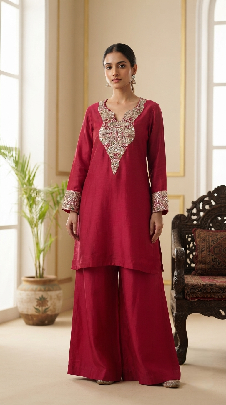 Women Rani Pink Mirror Hand Embroidered Mul Chanderi Sharara Set