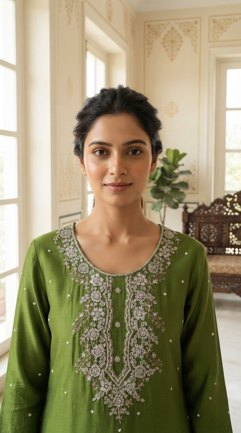Women Green Hand Embroidered Tissue Sharara Set