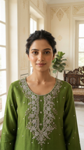 Women Green Hand Embroidered Tissue Sharara Set