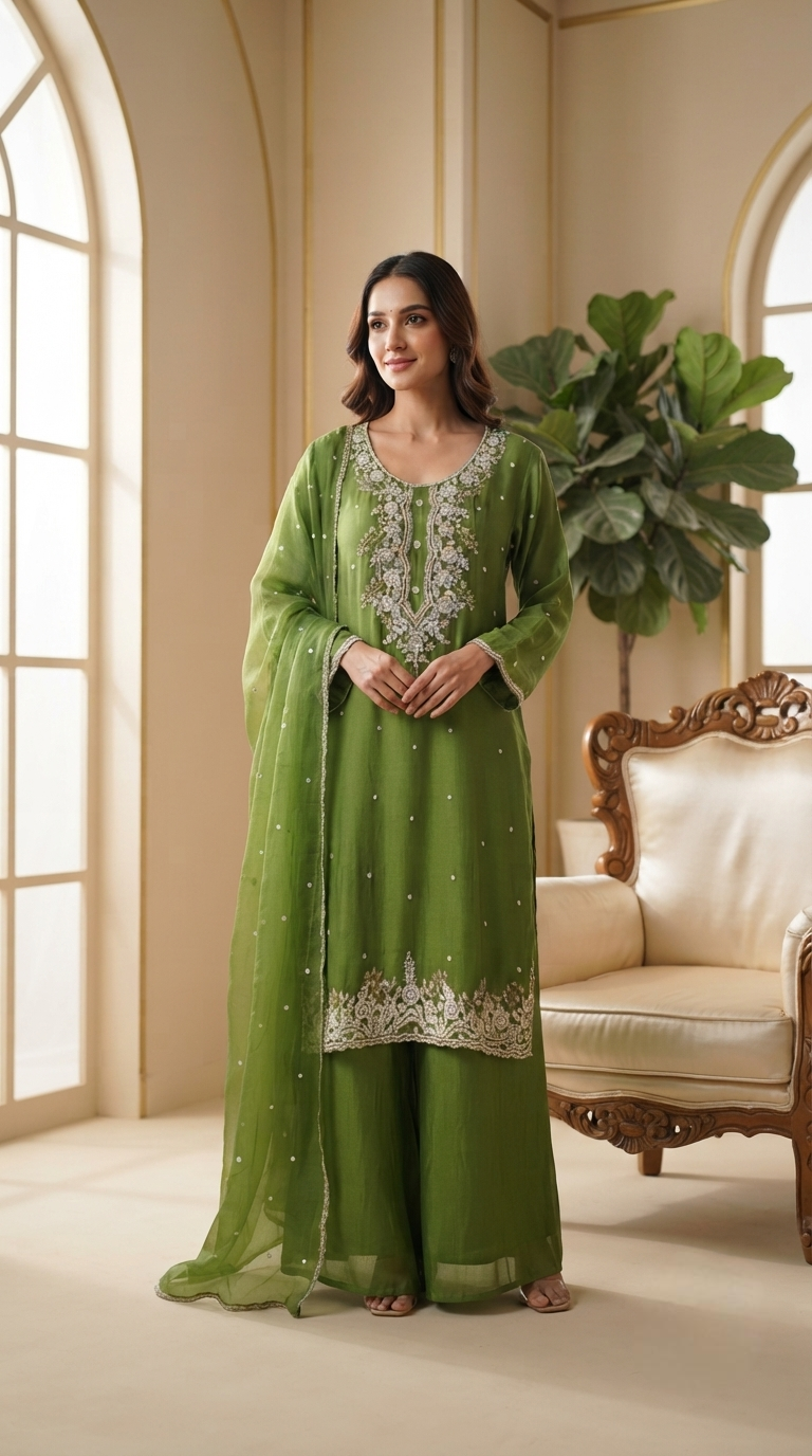 Women Green Hand Embroidered Tissue Sharara Set