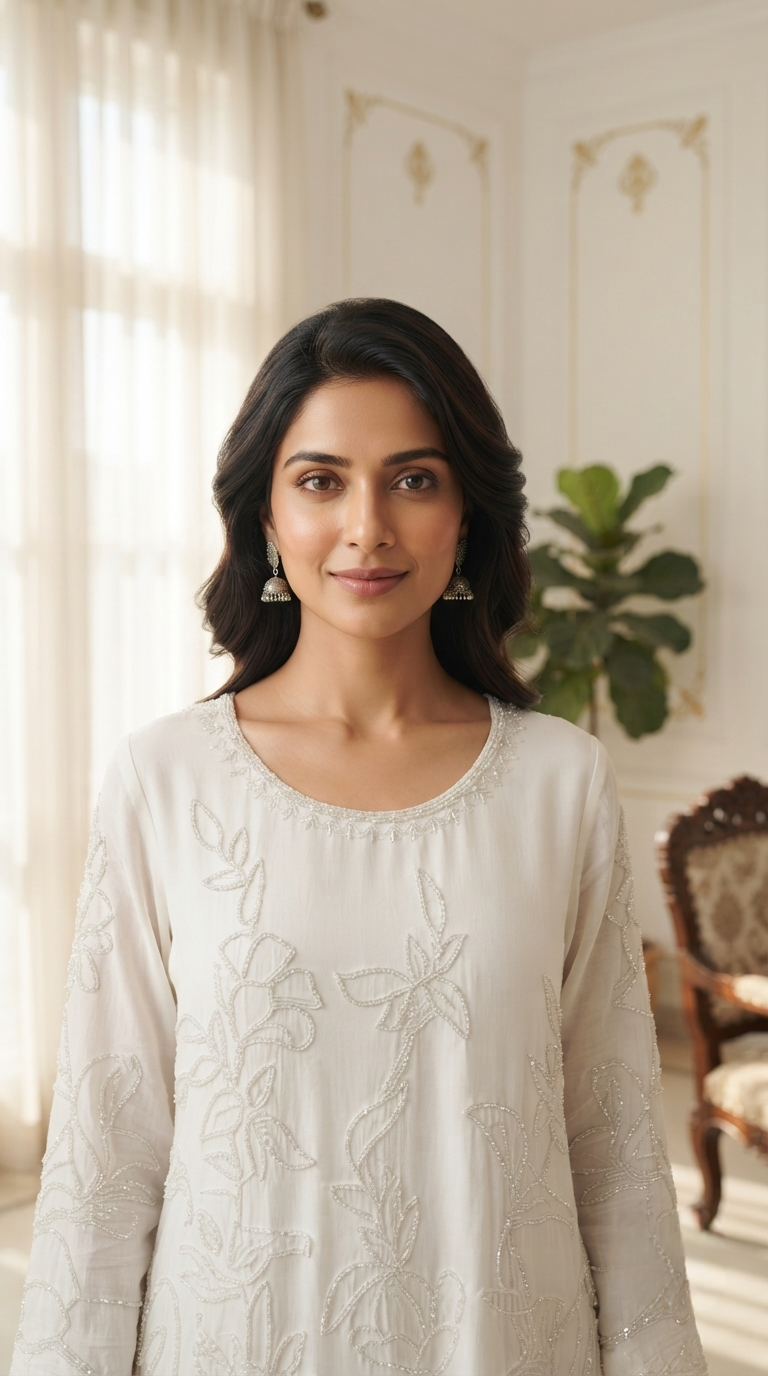 Women White Hand Embroidered Mul Chanderi Sharara Set