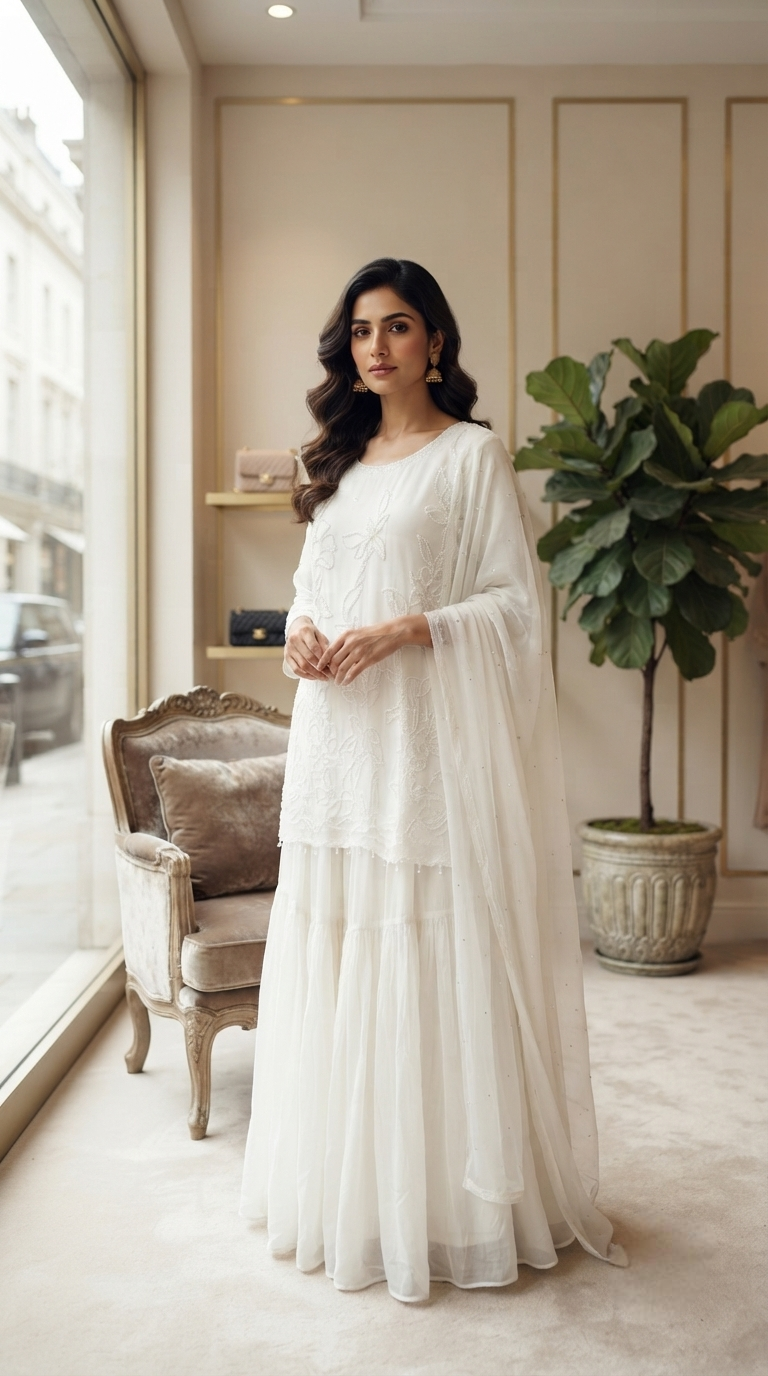 Women White Hand Embroidered Mul Chanderi Sharara Set