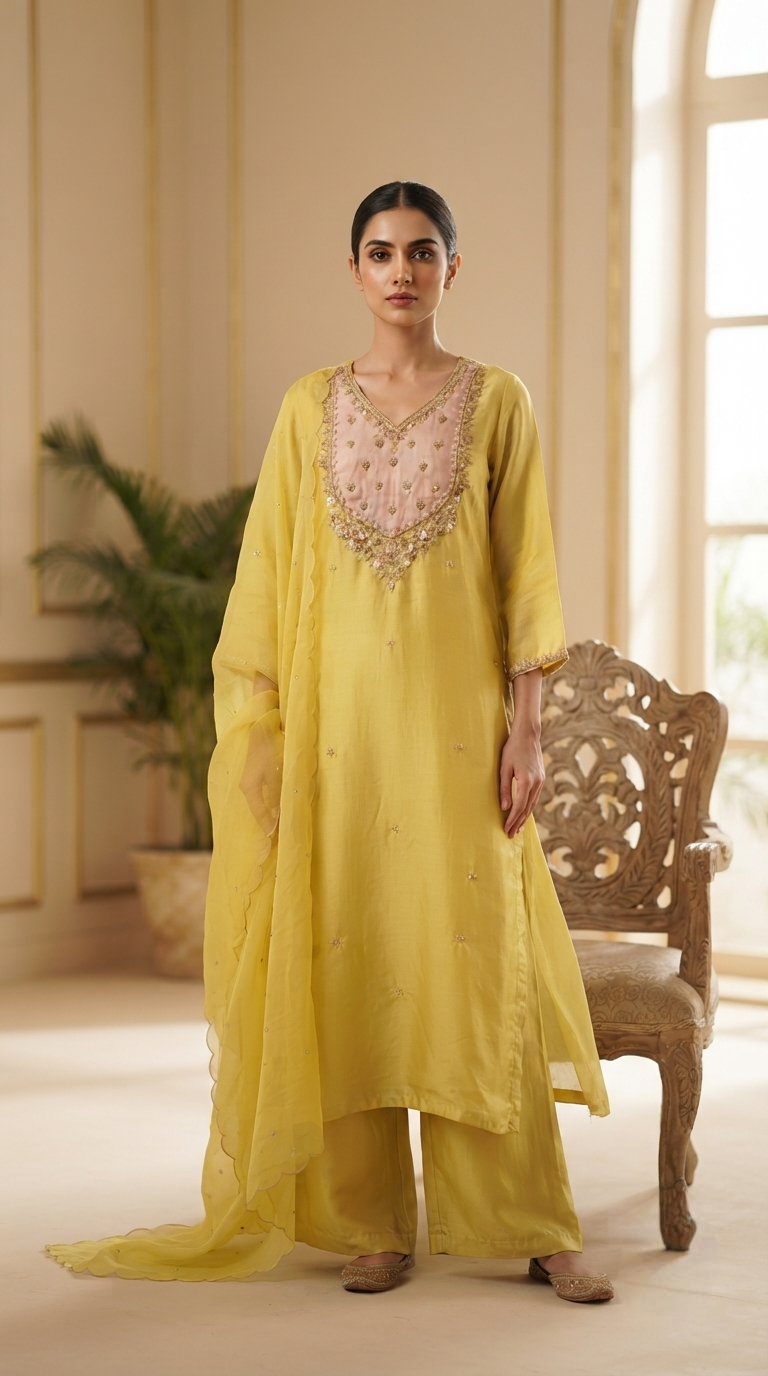 Women Yellow Hand Embroidered Tissue Sharara Set