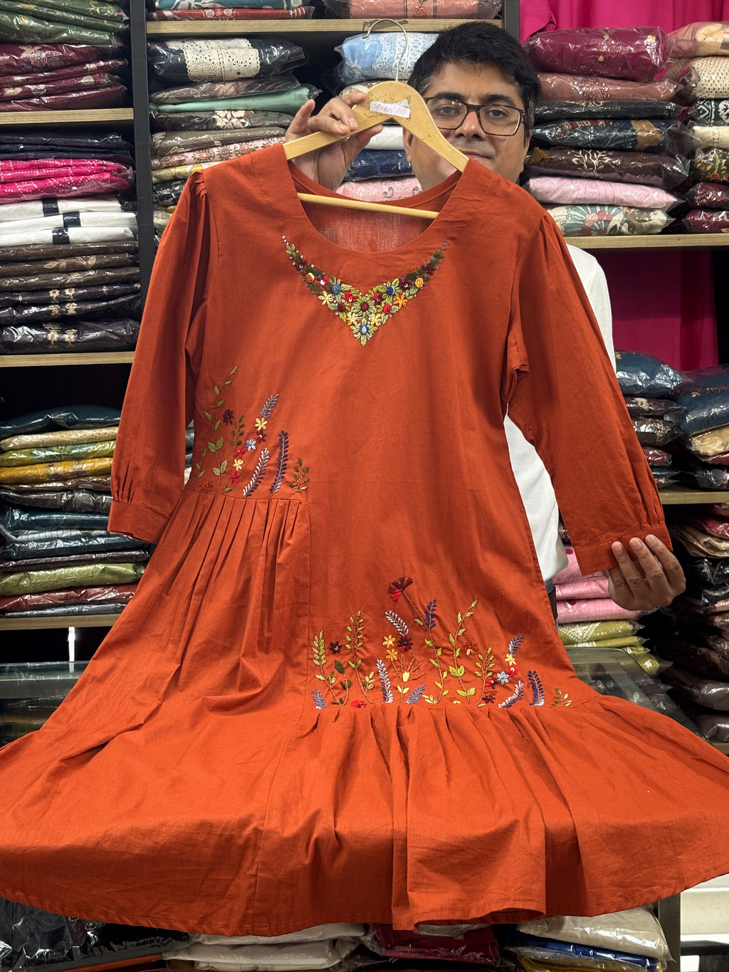 Rust Embroidered Cotton long dress for women - image 3