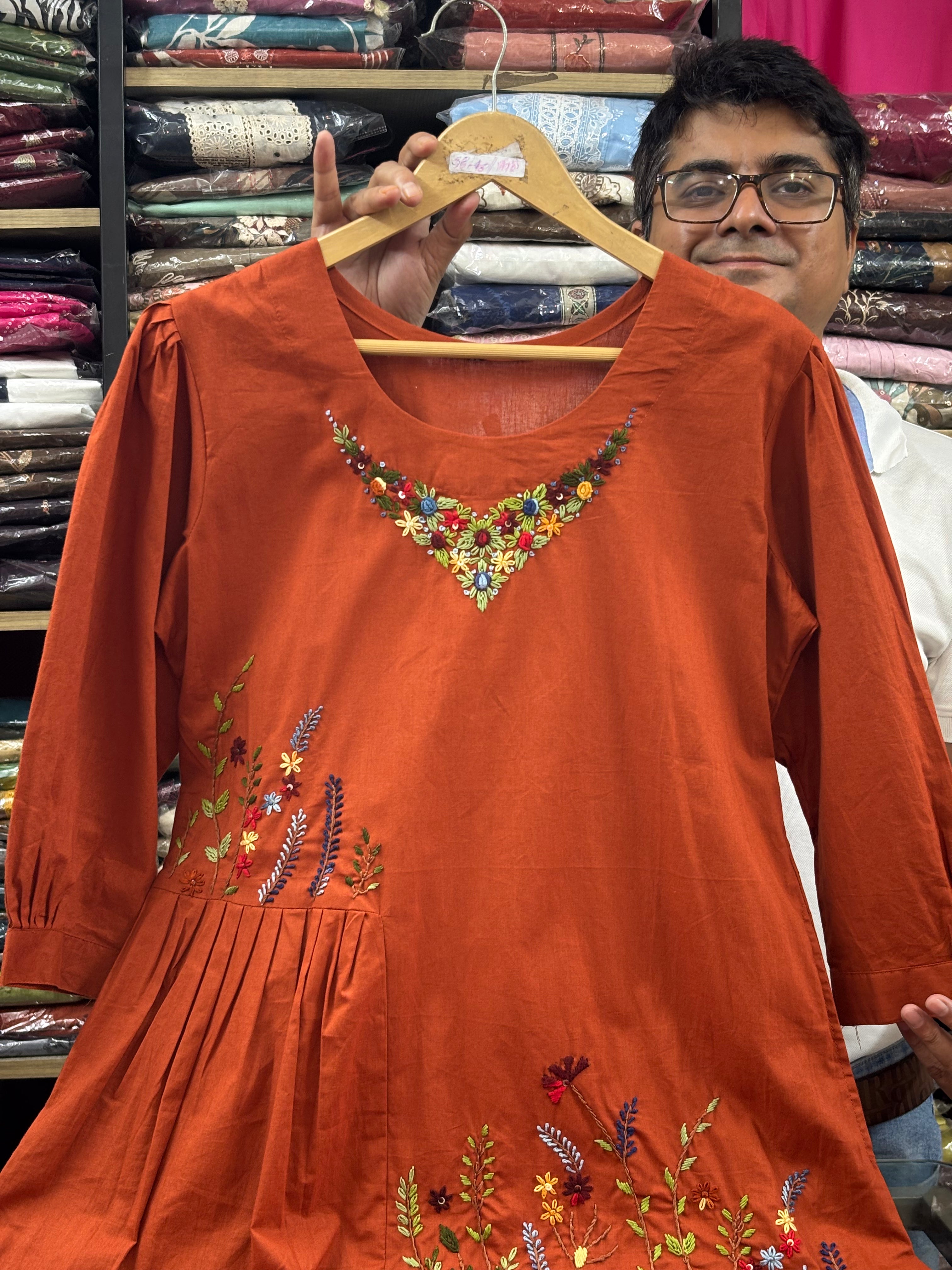Women Rust Embroidered Cotton Long Dress