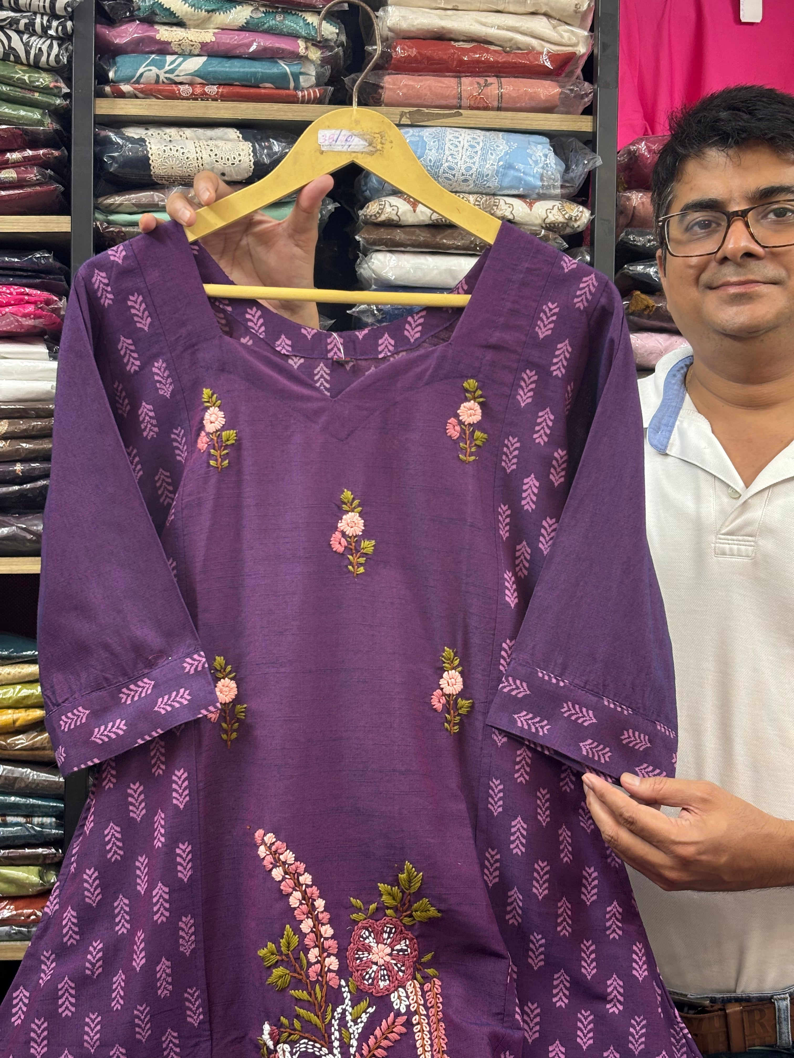 Purple Embroidered Cotton dress for women - image 3
