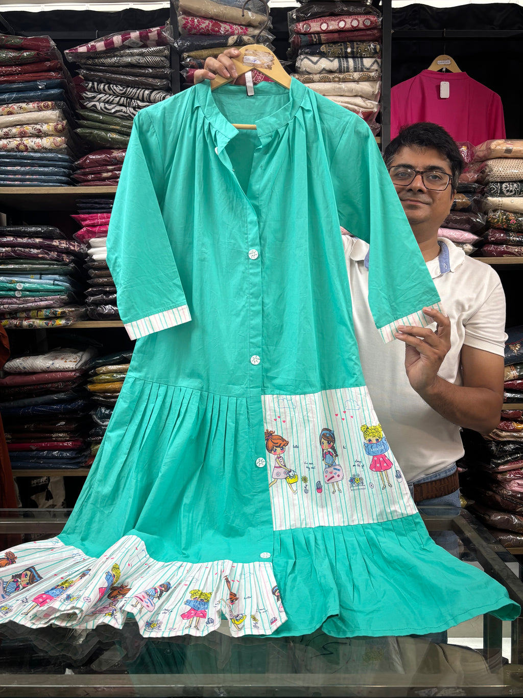 Women Green Printed Cotton Dress