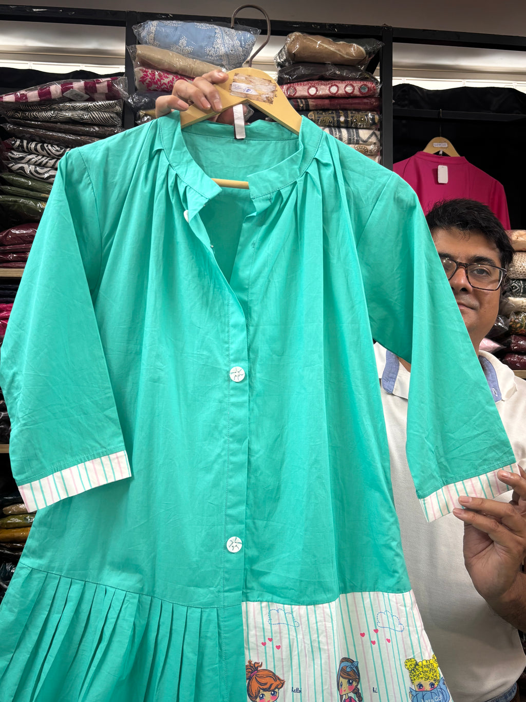 Green Printed Cotton dress for women - image 3