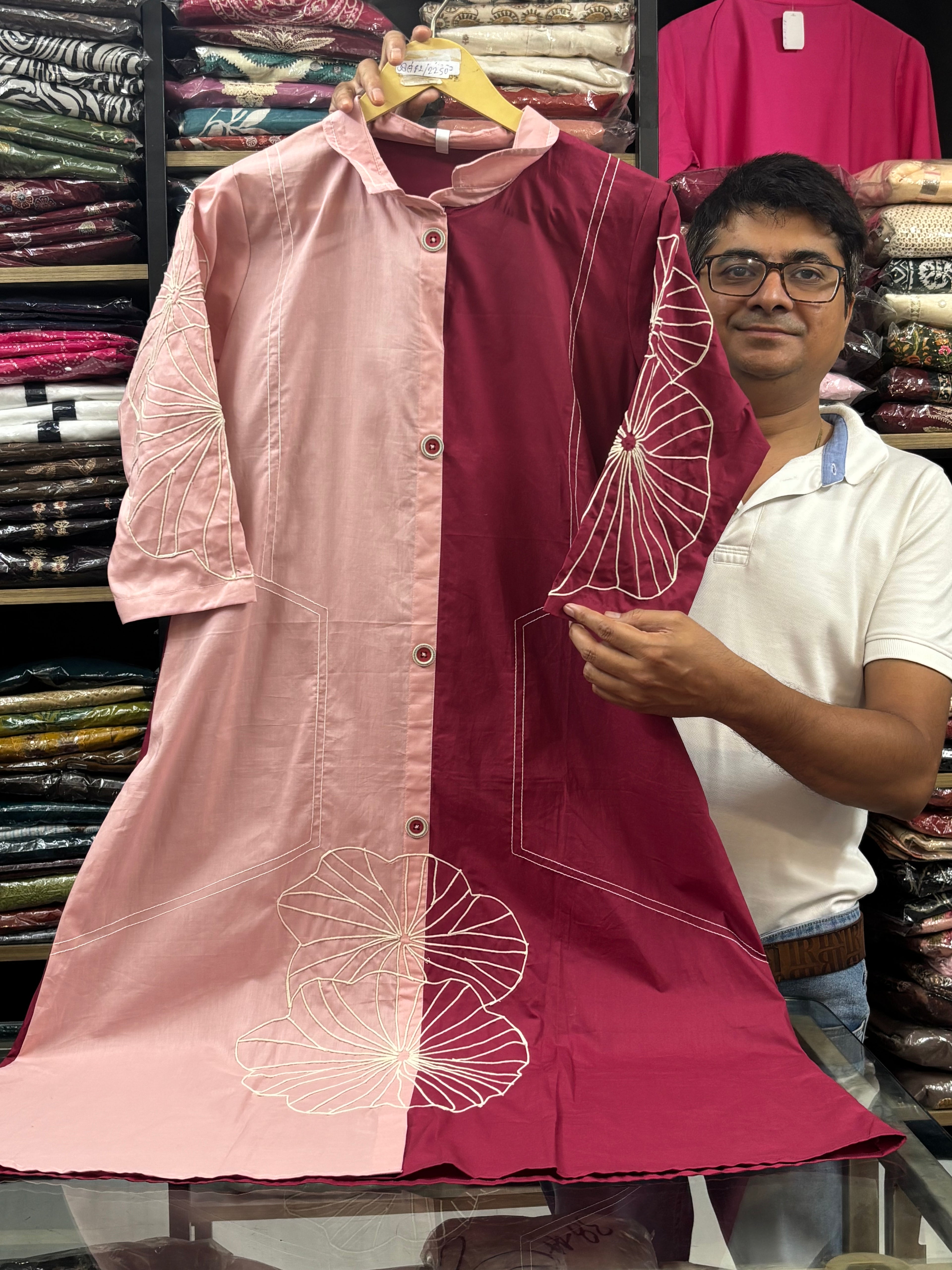 Women Pink Embroidered Cotton Long Dress