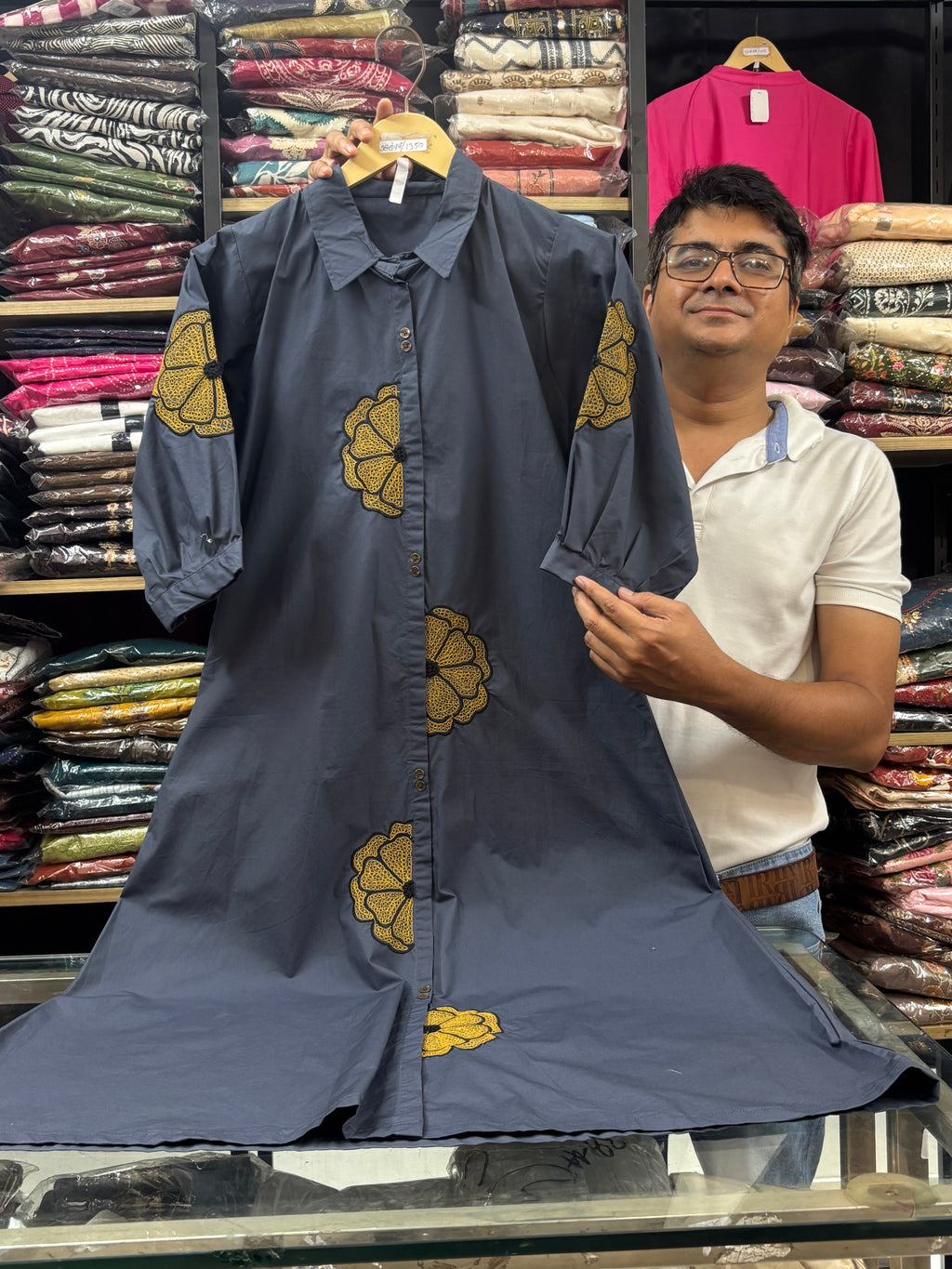 Blue Embroidered Cotton dress for women - image 3