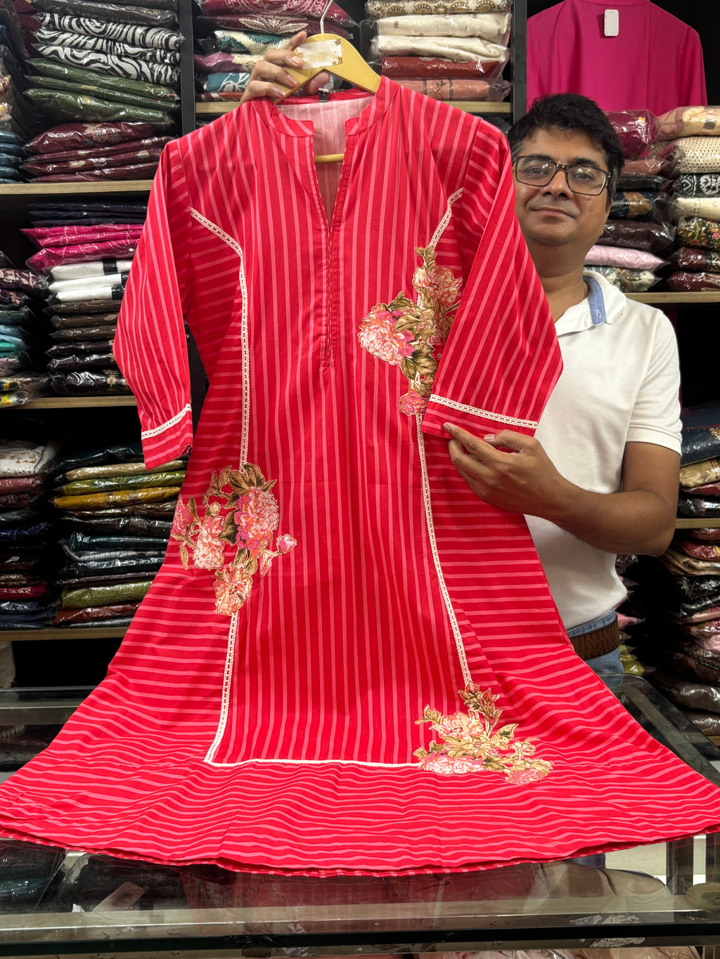 Red Embroidered Cotton dress for women - image 3